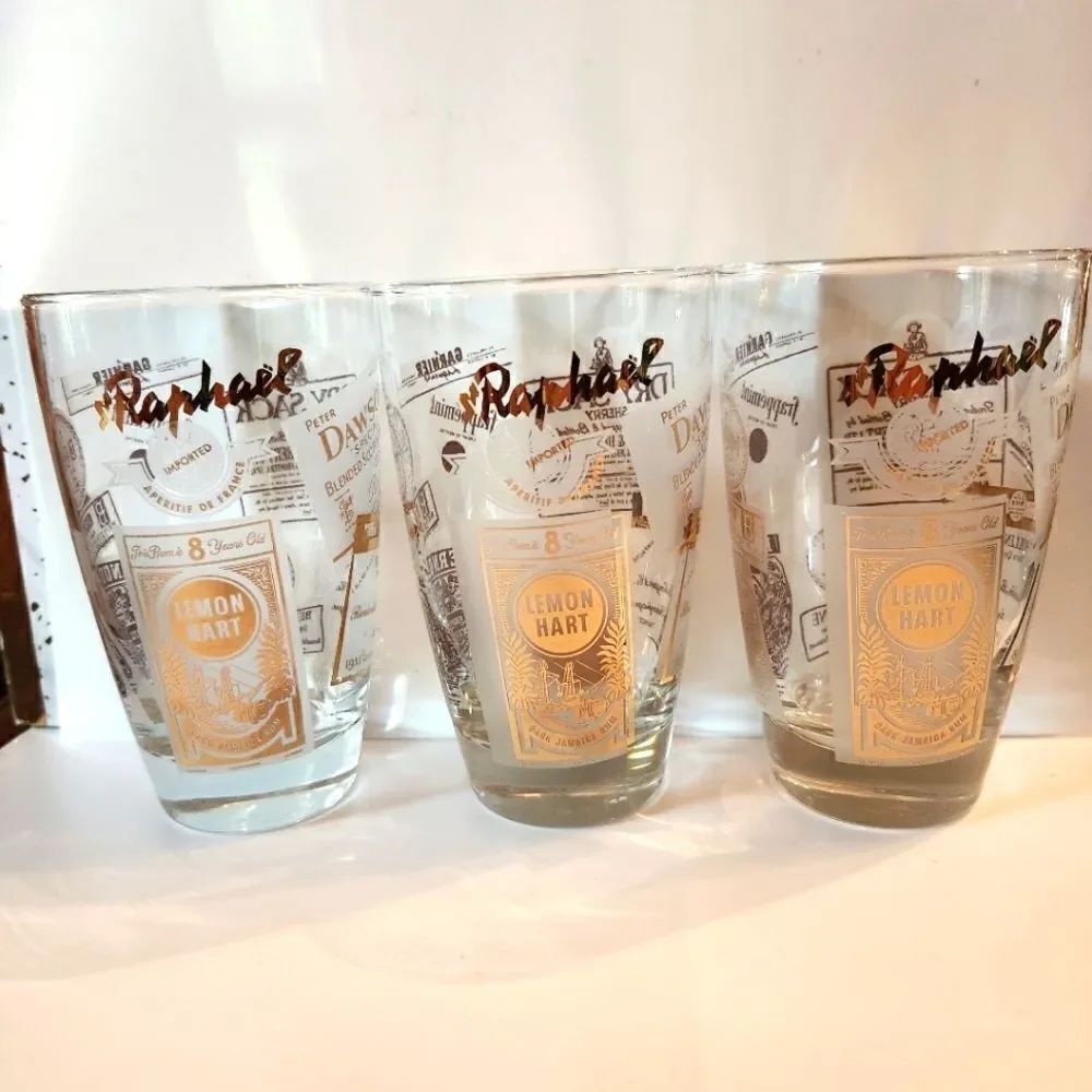 Vintage Mint '60s Set Of 3 22k Gold European Brand Graphics Drinking/Bar Glasses